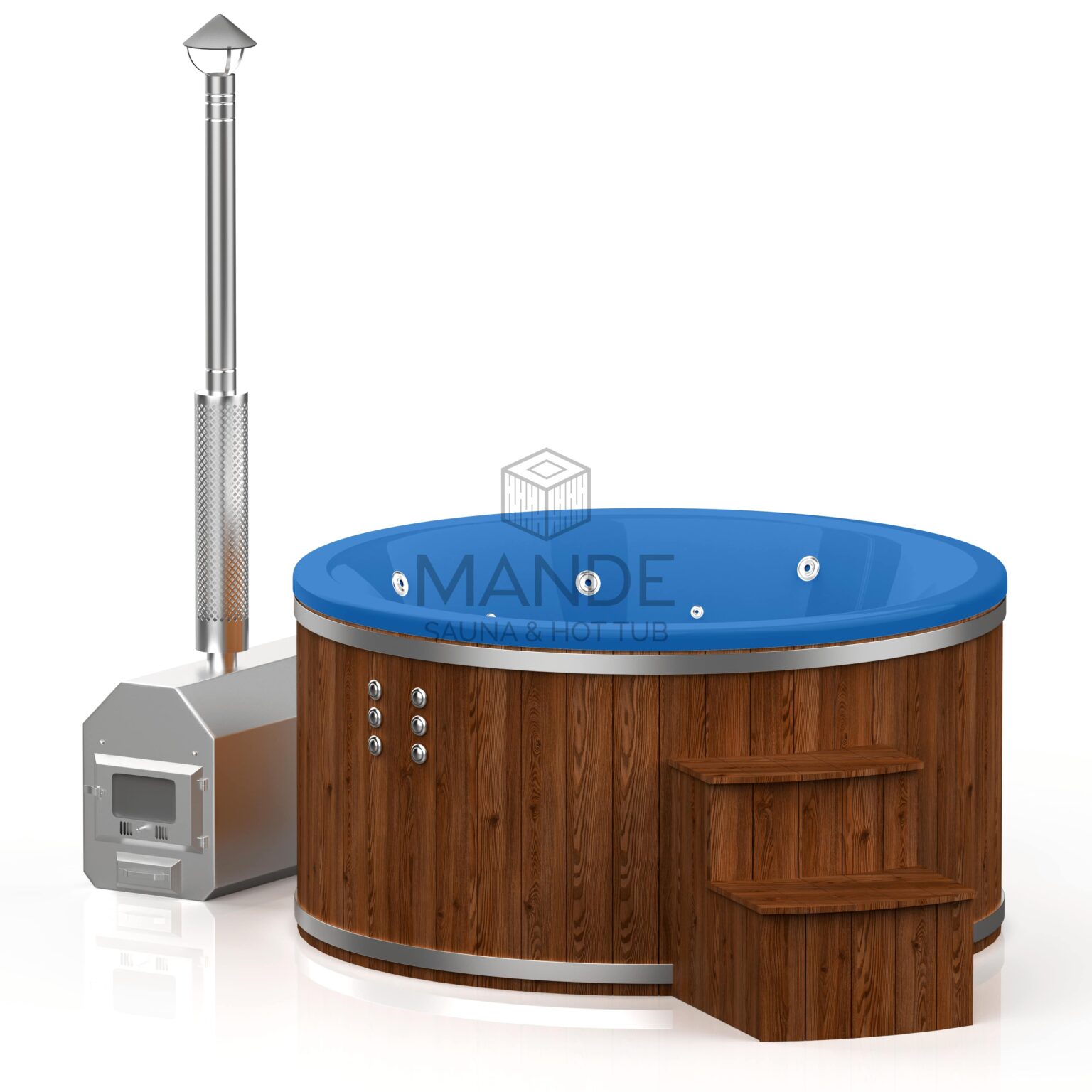 Fiberglass round hot tub (external heater) – Burnt wood